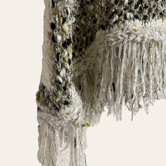 Anthropologie MOTH New Fringe Cream Metallic Oversized Poncho Sweater Size XS - Picture 5 of 8